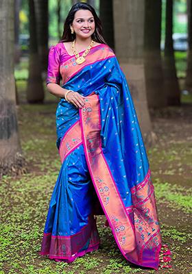 Royal Blue Woven Design Paithani Silk Saree Set