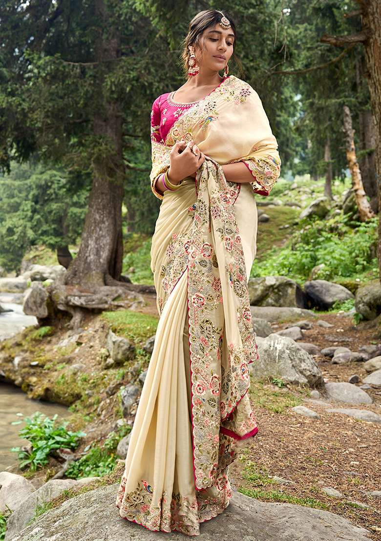 Cream Embroidered Jimmy Choo Saree Set - Indya