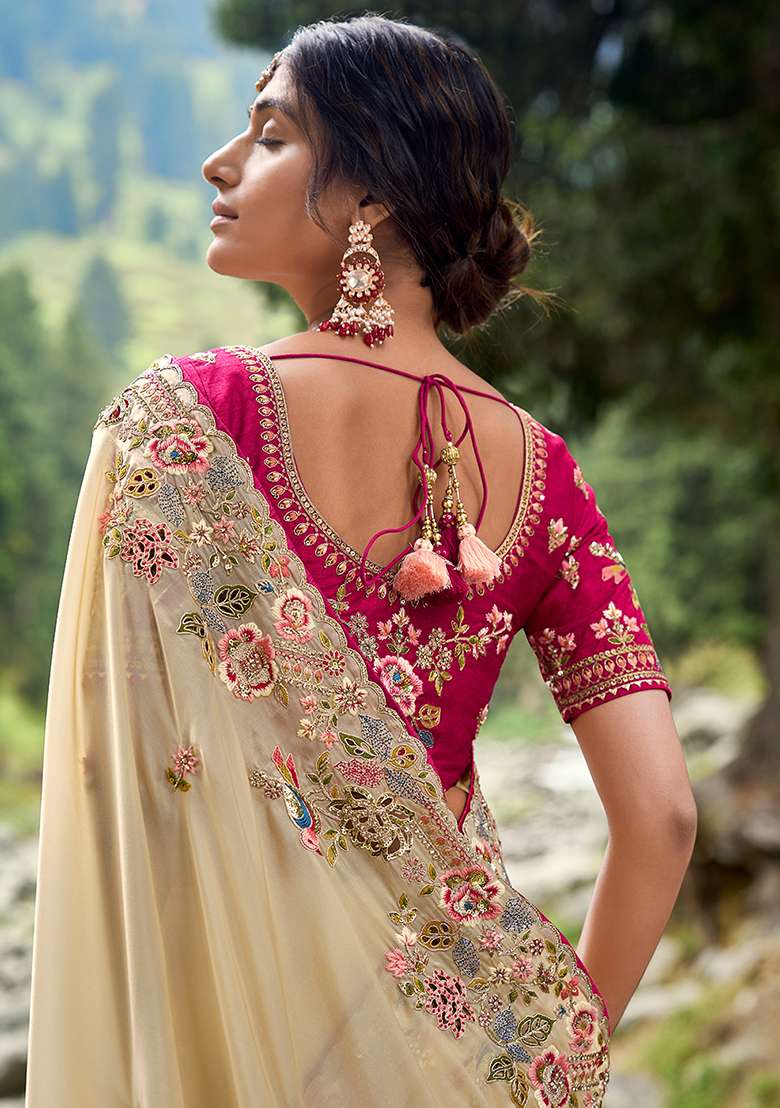 Cream Embroidered Jimmy Choo Saree Set - Indya