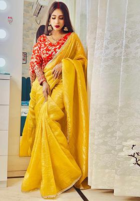 Yellow Lace Embroidered Frendy Silk Saree Set