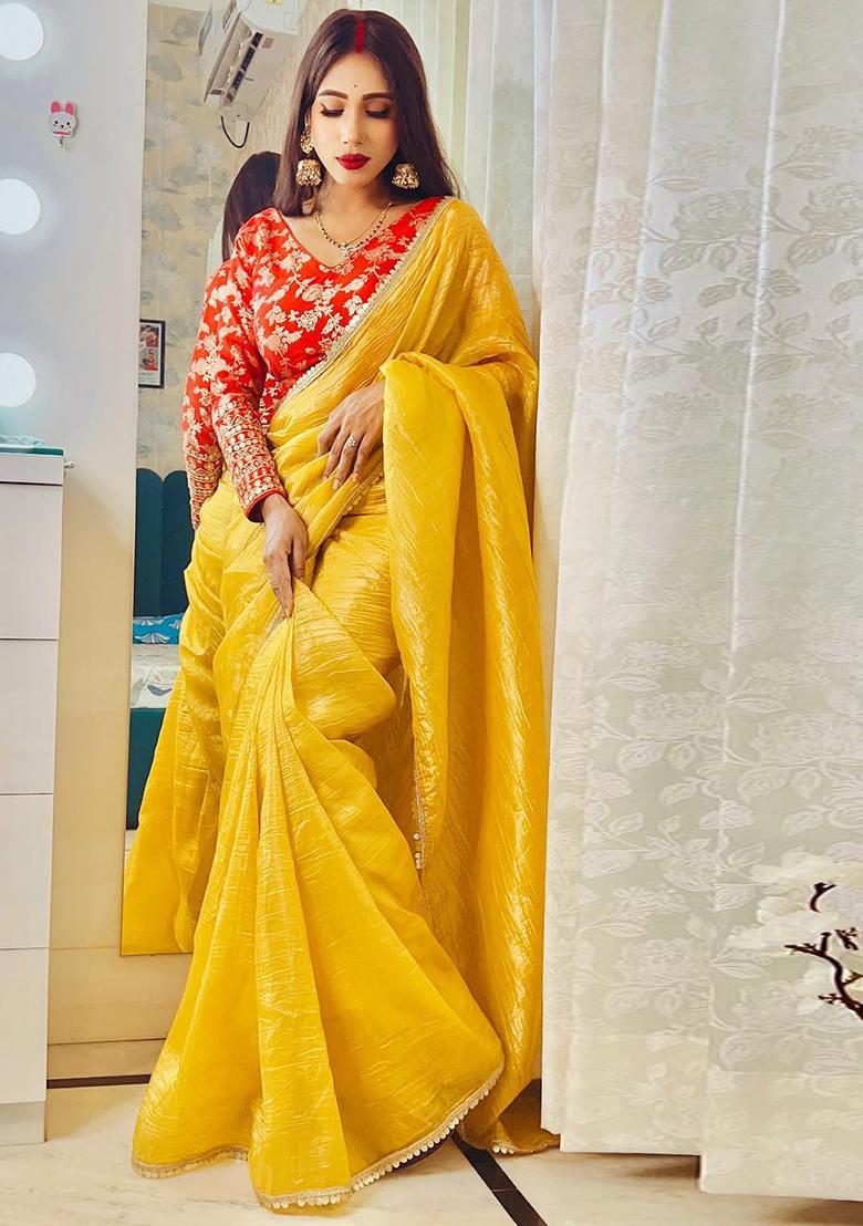 Buy Women Yellow Lace Embroidered Frendy Silk Saree Set XSR20018