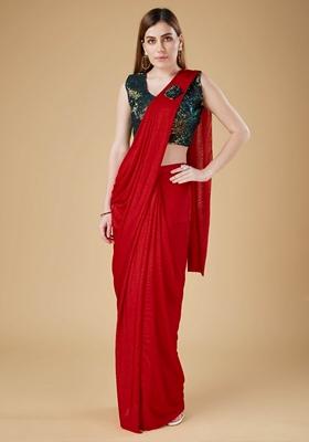 Red Sequin Embroidered Lycra Saree Set