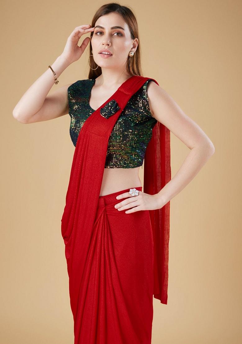 Red Sequin Embroidered Lycra Saree Set