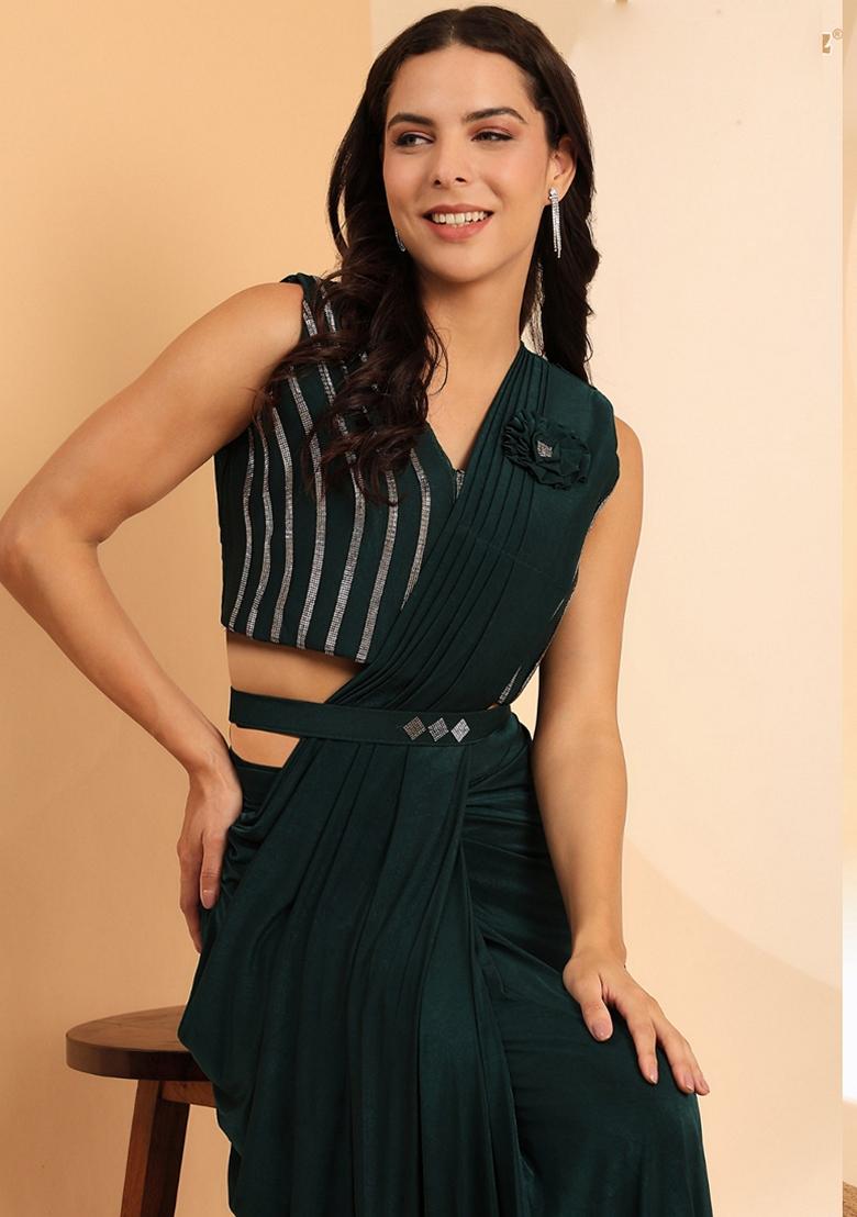 Dark Green Sequin Embroidered Lycra Saree Set