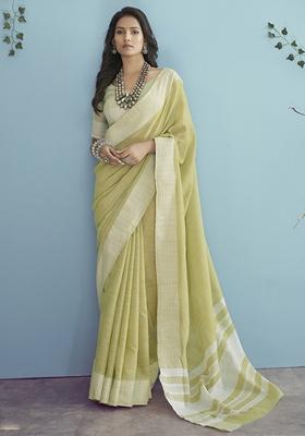 Lemon Yellow Woven Silk Saree Set