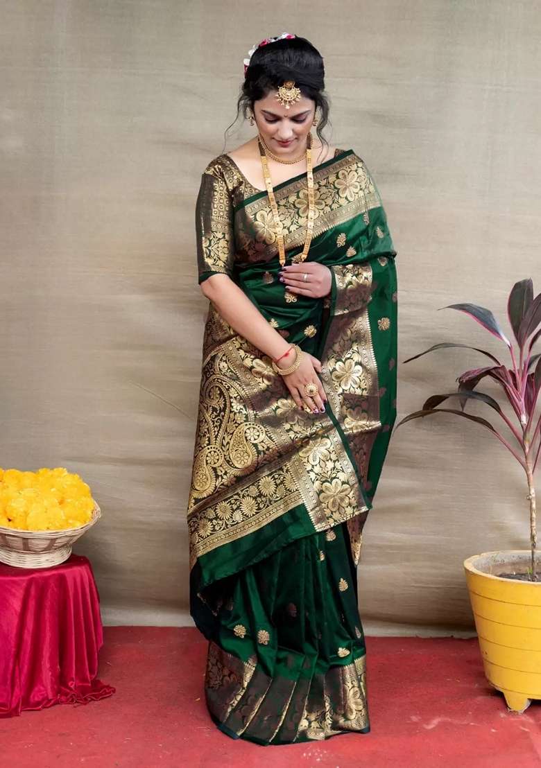 Green Jacquard Blend Banarasi Silk Saree Set for Diwali | Wedding & Festive Wear - Indya