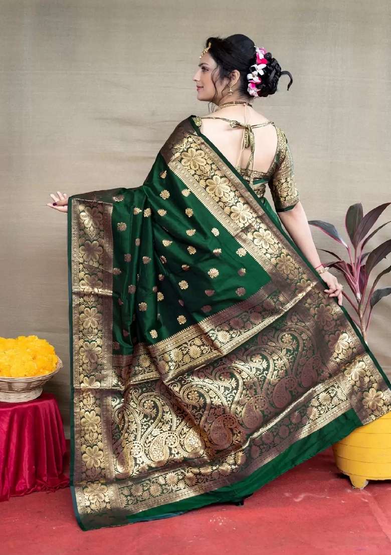 Green Jacquard Blend Banarasi Silk Saree Set for Diwali | Wedding & Festive Wear - Indya