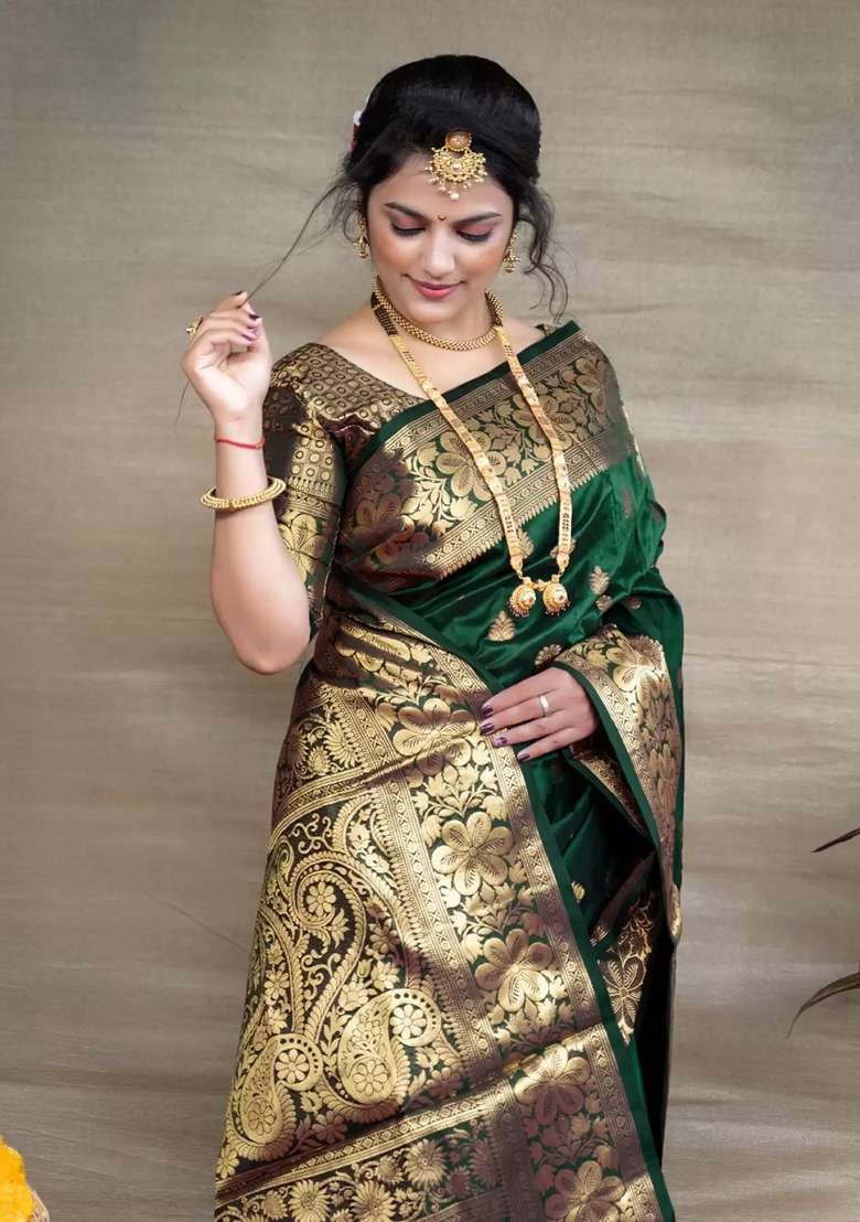 Green Jacquard Blend Banarasi Silk Saree Set for Diwali | Wedding & Festive Wear - Indya