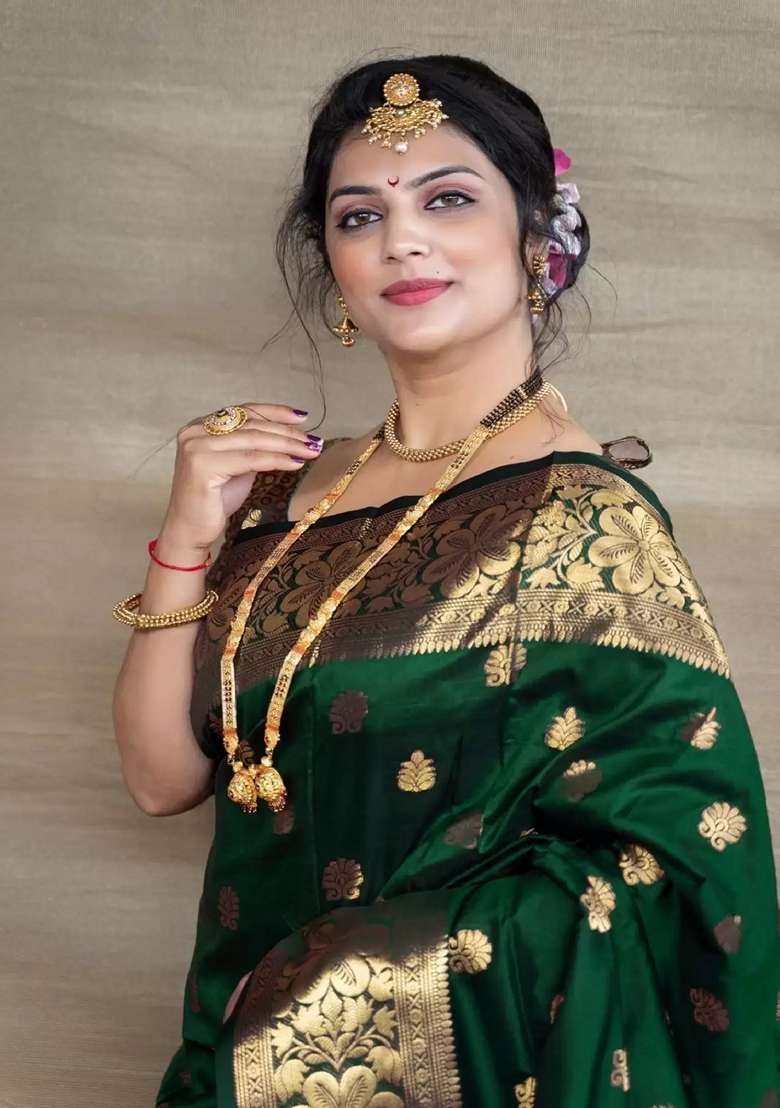 Green Jacquard Blend Banarasi Silk Saree Set for Diwali | Wedding & Festive Wear - Indya