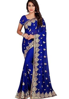 Royal Blue Embroidered Georgette Saree Set