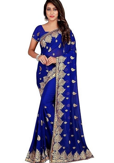 Royal Blue Embroidered Georgette Saree Set