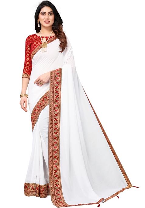 White Lace Work Vichitra Silk Saree Set