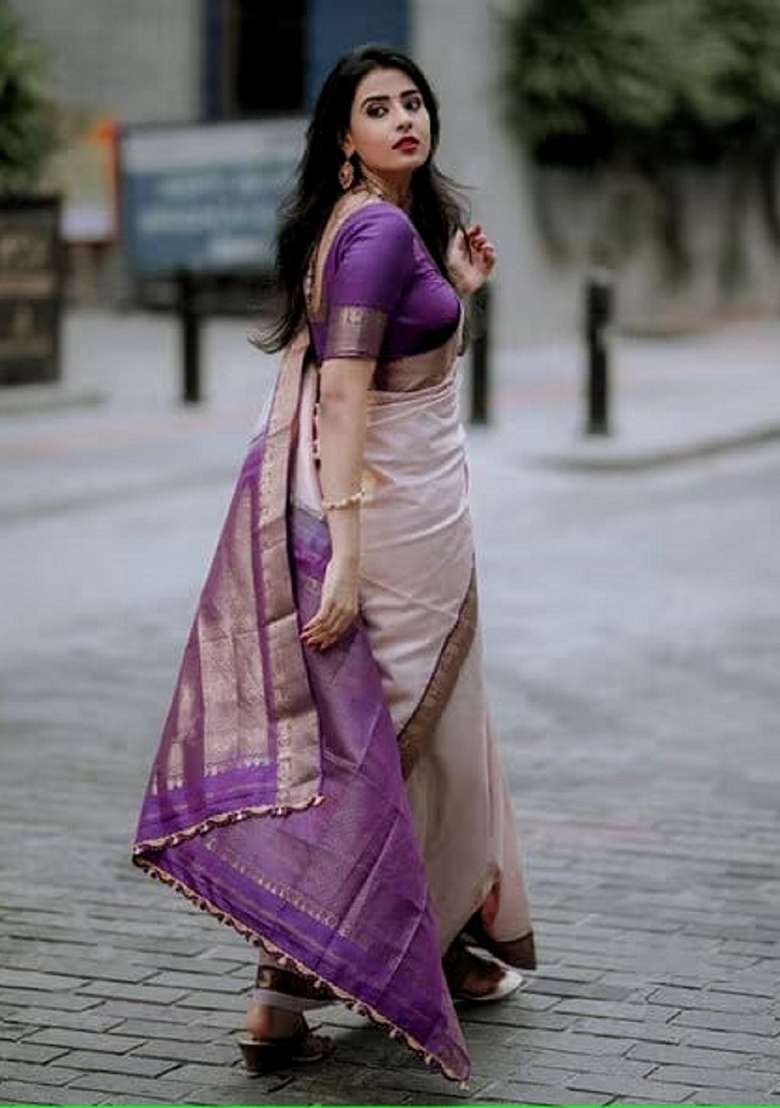 Purple Jacquard Banarasi Silk Blend Saree Set for Diwali and Festive Wear - Indya