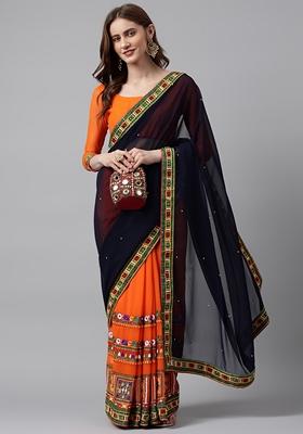 Orange And Navy Blue Embroidered Georgette Saree Set