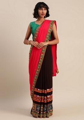 Brown And Pink Embroidered Georgette Saree Set