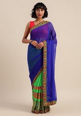Green And Blue Embroidered Georgette Saree Set