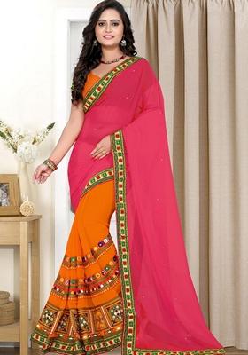 Orange And Pink Embroidered Georgette Saree Set