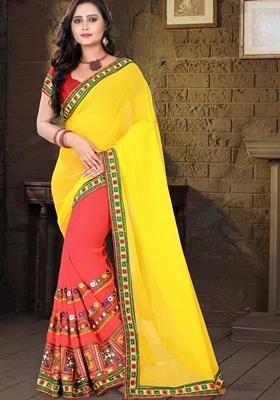 Pink And Yellow Embroidered Georgette Saree Set