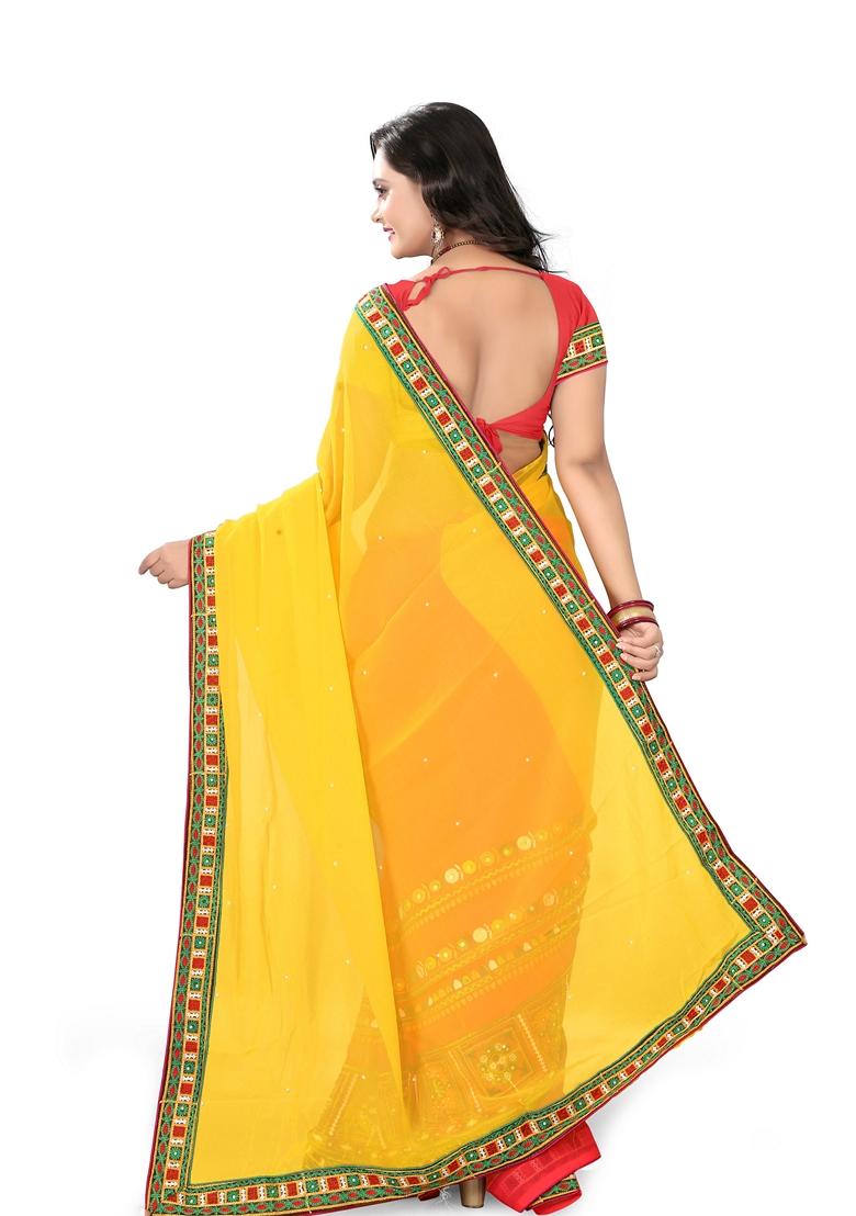 Pink And Yellow Embroidered Georgette Saree Set