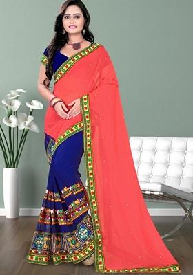 Blue And Pink Embroidered Georgette Saree Set