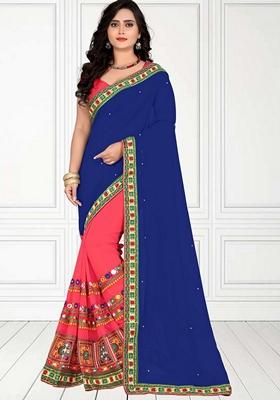 Pink And Blue Embroidered Georgette Saree Set