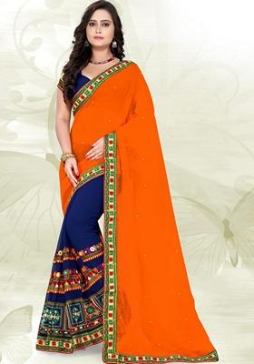 Navy Blue And Orange Embroidered Georgette Saree Set