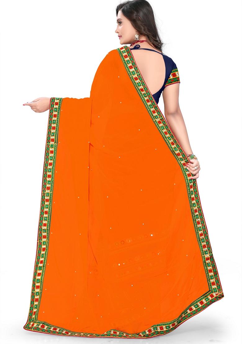 Navy Blue And Orange Embroidered Georgette Saree Set