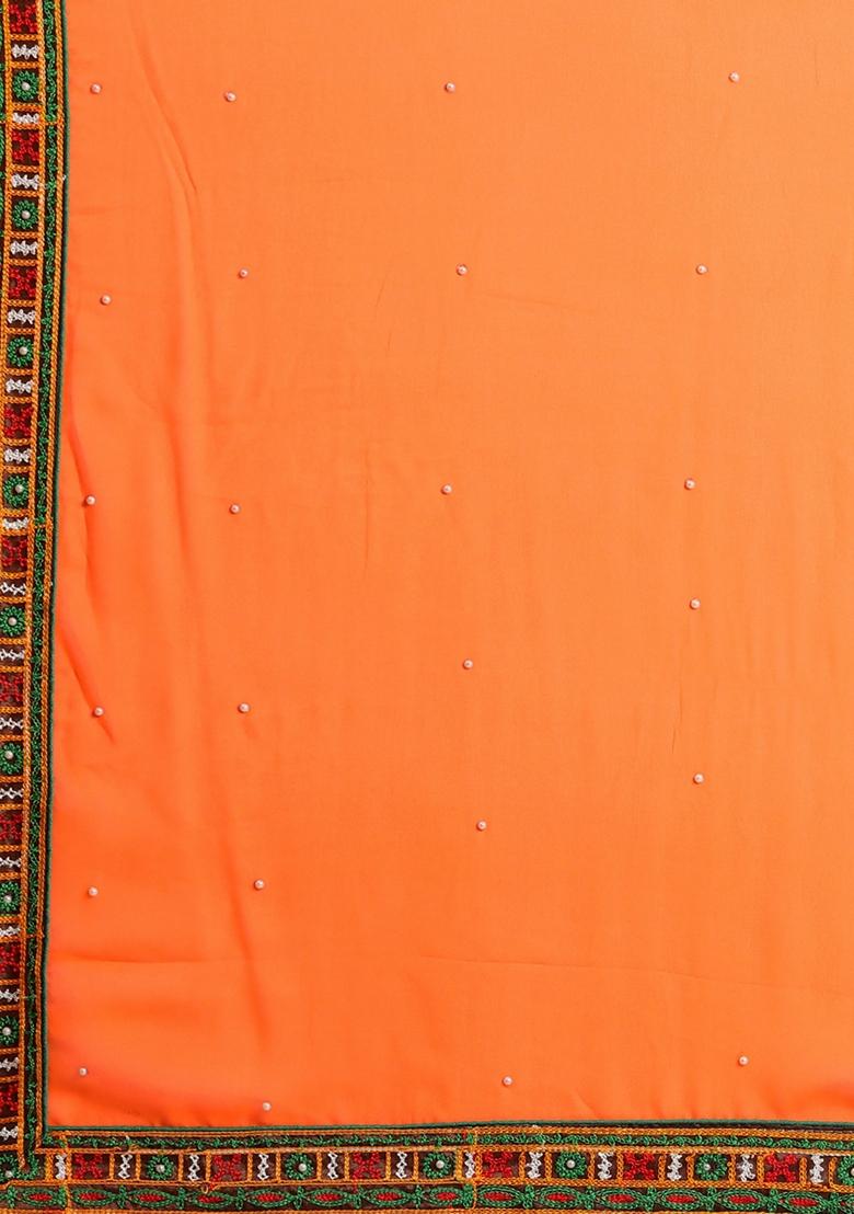 Navy Blue And Orange Embroidered Georgette Saree Set