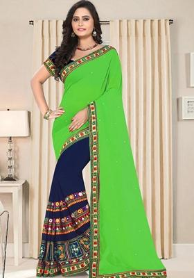 Navy Blue And Green Embroidered Georgette Saree Set
