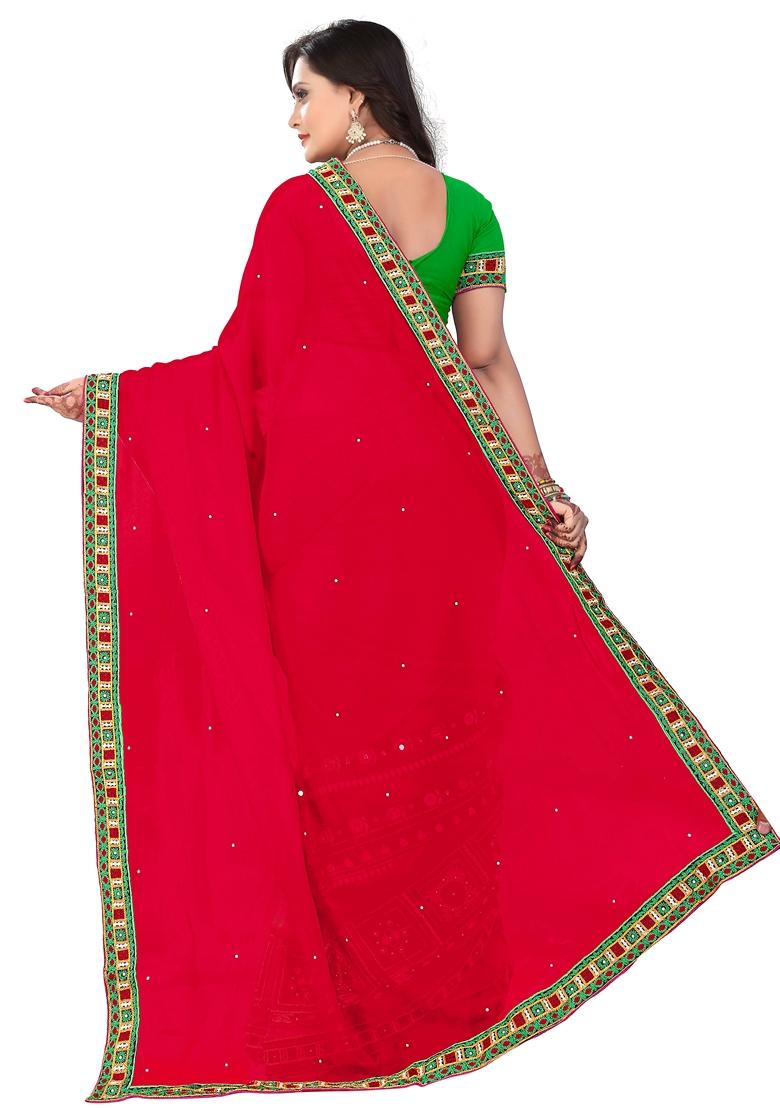 Green And Red Embroidered Georgette Saree Set