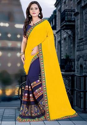 Navy Blue And Yellow Embroidered Georgette Saree Set