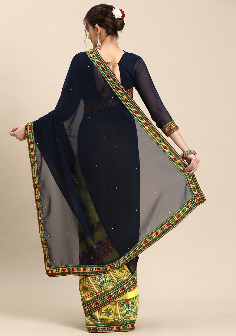 Yellow And Navy Blue Embroidered Georgette Saree Set