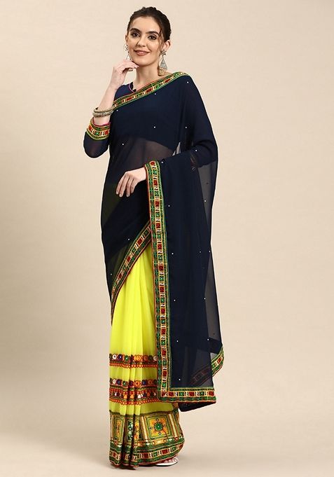 Yellow And Navy Blue Embroidered Georgette Saree Set