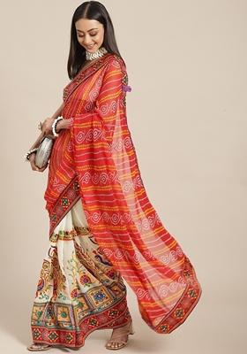 Cream And Red Bandhani Print Georgette Saree Set