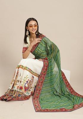 Cream And Green Bandhani Print Georgette Saree Set