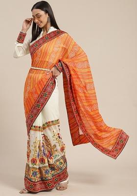 Cream And Orange Bandhani Print Georgette Saree Set