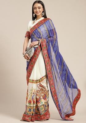 Cream And Blue Bandhani Print Georgette Saree Set
