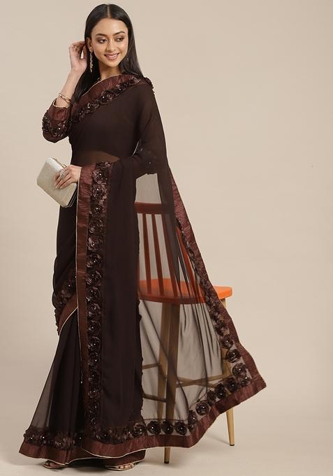 Brown Butta Work Georgette Saree Set