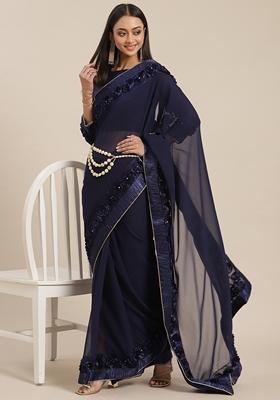 Navy Blue Butta Work Georgette Saree Set