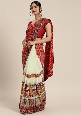 Cream And Red Bandhani Print Georgette Saree Set