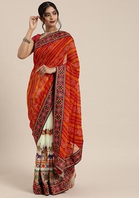 Cream And Orange Bandhani Print Georgette Saree Set