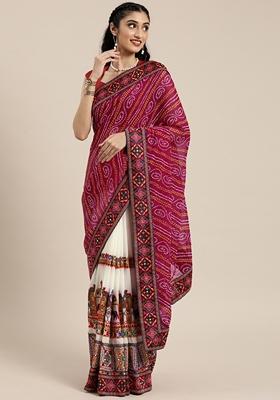 Cream And Pink Bandhani Print Georgette Saree Set