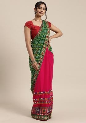 Pink And Green Bandhani Print Georgette Saree Set