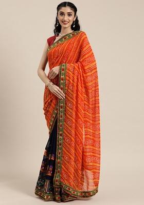 Navy Blue And Orange Bandhani Print Georgette Saree Set