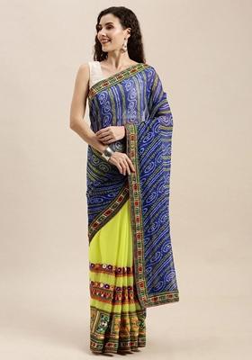 Yellow And Blue Bandhani Print Georgette Saree Set