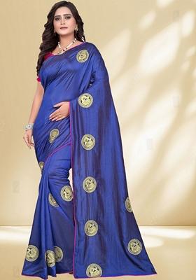 Blue Zari Embroidered Silk Saree Set