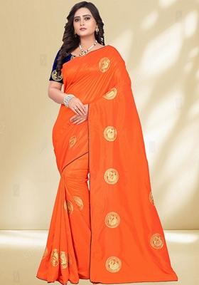Orange Zari Embroidered Silk Saree Set