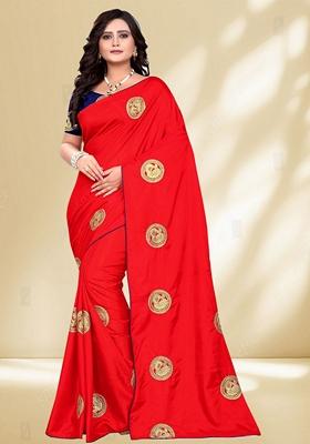 Red Zari Embroidered Silk Saree Set