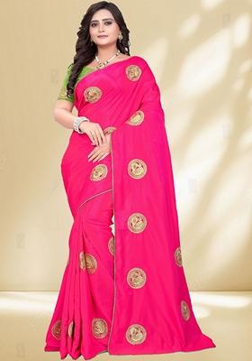 Pink Zari Embroidered Silk Saree Set