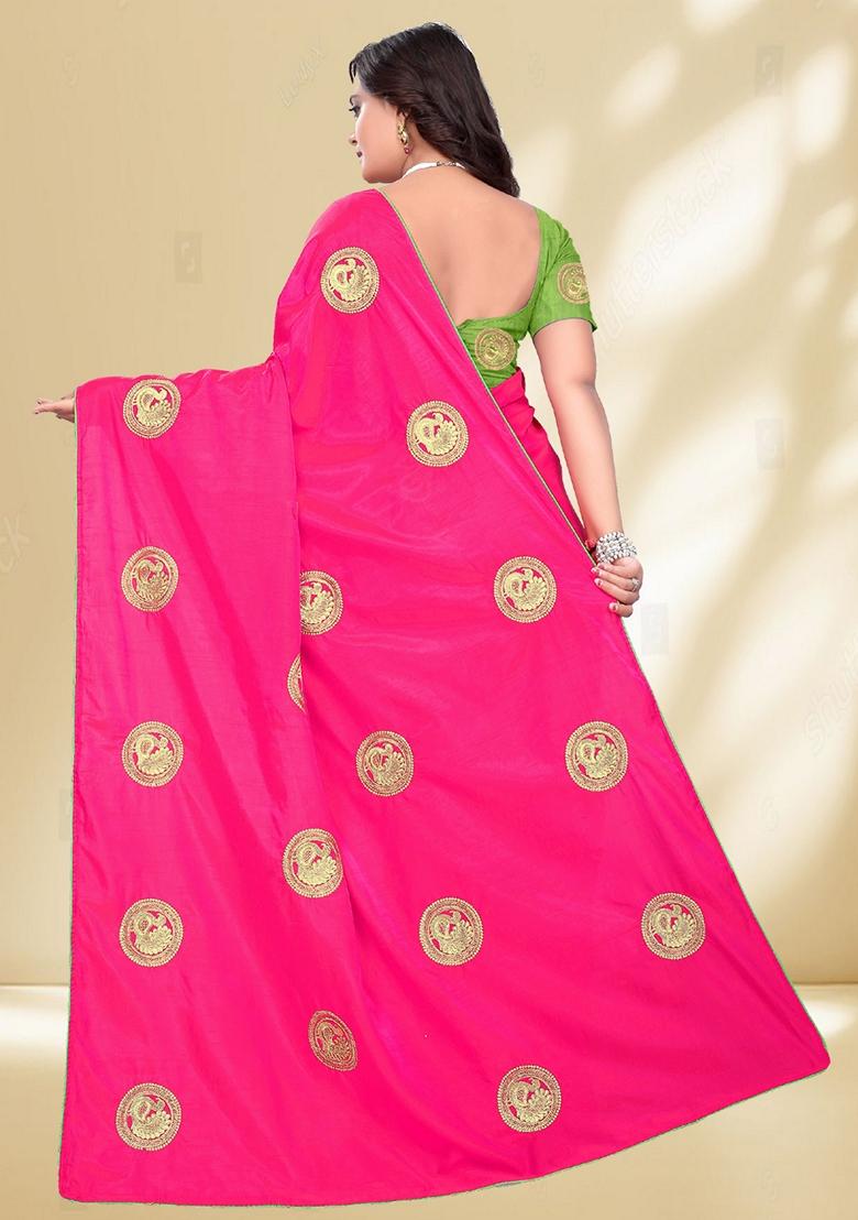 Pink Zari Embroidered Silk Saree Set